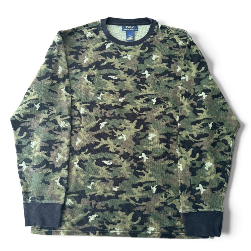 Polo Ralph Lauren Thermal Sweater Shirt Men L Green Camo Waffle Knit Pony Logo